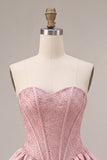 A-Line Pink Strapless Corset Satin Cocktail Dress with Beading