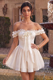 Ivory Off the Shoulder A-Line Corset Satin Cocktail Dress with Ruffles