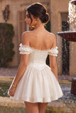 Ivory Off the Shoulder A-Line Corset Satin Cocktail Dress with Ruffles