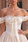 Ivory Off the Shoulder A-Line Corset Satin Cocktail Dress with Ruffles