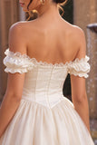 Ivory Off the Shoulder A-Line Corset Satin Cocktail Dress with Ruffles