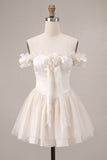 Ivory Off the Shoulder A-Line Corset Satin Cocktail Dress with Ruffles