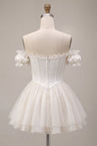 Ivory Off the Shoulder A-Line Corset Satin Cocktail Dress with Ruffles
