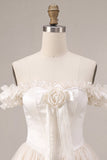 Ivory Off the Shoulder A-Line Corset Satin Cocktail Dress with Ruffles