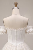 Ivory Off the Shoulder A-Line Corset Satin Cocktail Dress with Ruffles