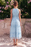 Light Blue Halter Neck A-Line Midi Dress with 3D Flowers