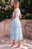 Light Blue Halter Neck A-Line Midi Dress with 3D Flowers