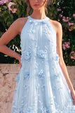 Light Blue Halter Neck A-Line Midi Dress with 3D Flowers