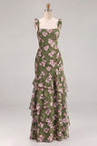 Green Flower A-Line Tiered Chiffon Thick Straps Maxi Bridesmaid Dress
