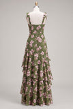 Green Flower A-Line Tiered Chiffon Thick Straps Maxi Bridesmaid Dress
