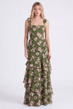 Green Flower A-Line Tiered Chiffon Thick Straps Maxi Bridesmaid Dress