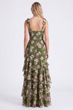 Green Flower A-Line Tiered Chiffon Thick Straps Maxi Bridesmaid Dress