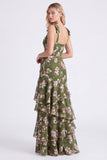 Green Flower A-Line Tiered Chiffon Thick Straps Maxi Bridesmaid Dress