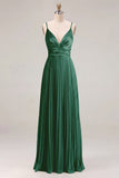 Sage Pleated A-Line Spaghetti Straps Maxi Bridesmaid Dress