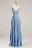 Sage Pleated A-Line Spaghetti Straps Maxi Bridesmaid Dress