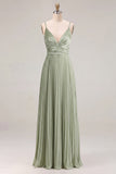 Sage Pleated A-Line Spaghetti Straps Maxi Bridesmaid Dress