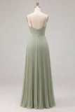 Sage Pleated A-Line Spaghetti Straps Maxi Bridesmaid Dress
