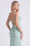 Sage Mermaid Floral Chiffon Spaghetti Straps Long Bridesmaid Dress