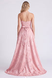 Strapless Pink A-Line Satin Floral Long Bridesmaid Dress with Bow