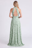 Sage A-Line Halter Neck Floral Chiffon Long Bridesmaid Dress with Slit
