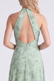 Sage A-Line Halter Neck Floral Chiffon Long Bridesmaid Dress with Slit
