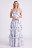 A-Line Pink Floral Chiffon Tiered Spaghetti Straps Long Bridesmaid Dress with Ruffles