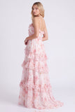 A-Line Pink Floral Chiffon Tiered Spaghetti Straps Long Bridesmaid Dress with Ruffles