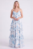 A-Line Pink Floral Chiffon Tiered Spaghetti Straps Long Bridesmaid Dress with Ruffles