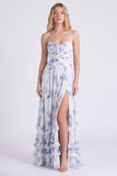Light Blue A-Line Floral Chiffon Spaghetti Straps Ruffled Long Bridesmaid Dress with Slit