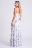 Light Blue A-Line Floral Chiffon Spaghetti Straps Ruffled Long Bridesmaid Dress with Slit
