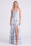 Light Blue A-Line Floral Chiffon Spaghetti Straps Ruffled Long Bridesmaid Dress with Slit