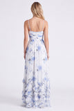Chiffon Light Blue Floral A-Line Spaghetti Straps Ruffled Long Bridesmaid Dress with Slit