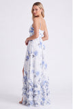 Chiffon Light Blue Floral A-Line Spaghetti Straps Ruffled Long Bridesmaid Dress with Slit