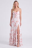 Chiffon Light Blue Floral A-Line Spaghetti Straps Ruffled Long Bridesmaid Dress with Slit