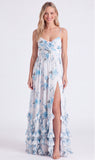 Chiffon Light Blue Floral A-Line Spaghetti Straps Ruffled Long Bridesmaid Dress with Slit