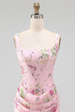 Pink Square Neck Bodycon Ruched Floral Sequins Corset Homecoming Dress
