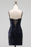 Navy Bodycon Floral Embroidery Corset Sequins Short Homecoming Dress