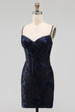 Navy Bodycon Floral Embroidery Corset Sequins Short Homecoming Dress