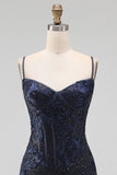 Navy Bodycon Floral Embroidery Corset Sequins Short Homecoming Dress