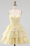Daffodil A-Line Tiered Ruffle Short Homecoming Dress with Floral Embroidery