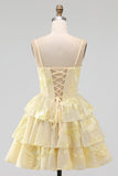 Daffodil A-Line Tiered Ruffle Short Homecoming Dress with Floral Embroidery