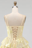 Daffodil A-Line Tiered Ruffle Short Homecoming Dress with Floral Embroidery