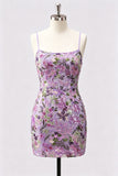 Lilac Bodycon Sequins Short Cocktail Dress with Lace Up Back