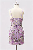 Lilac Bodycon Sequins Short Cocktail Dress with Lace Up Back