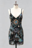 Sparkly Navy Bodycon Sequins Short Cocktail Party Dress with Lace Up Back