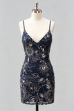 Sparkly Navy Bodycon Sequins Short Cocktail Party Dress with Lace Up Back
