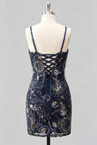 Sparkly Navy Bodycon Sequins Short Cocktail Party Dress with Lace Up Back