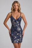 Sparkly Navy Bodycon Sequins Short Cocktail Party Dress with Lace Up Back