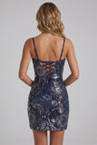 Sparkly Navy Bodycon Sequins Short Cocktail Party Dress with Lace Up Back