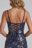 Sparkly Navy Bodycon Sequins Short Cocktail Party Dress with Lace Up Back